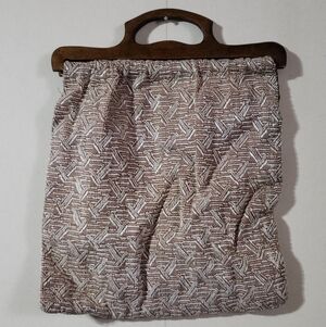 VINTAGE Knit Neutral Fabric Handbag with Wood Handles, Yarn Bag